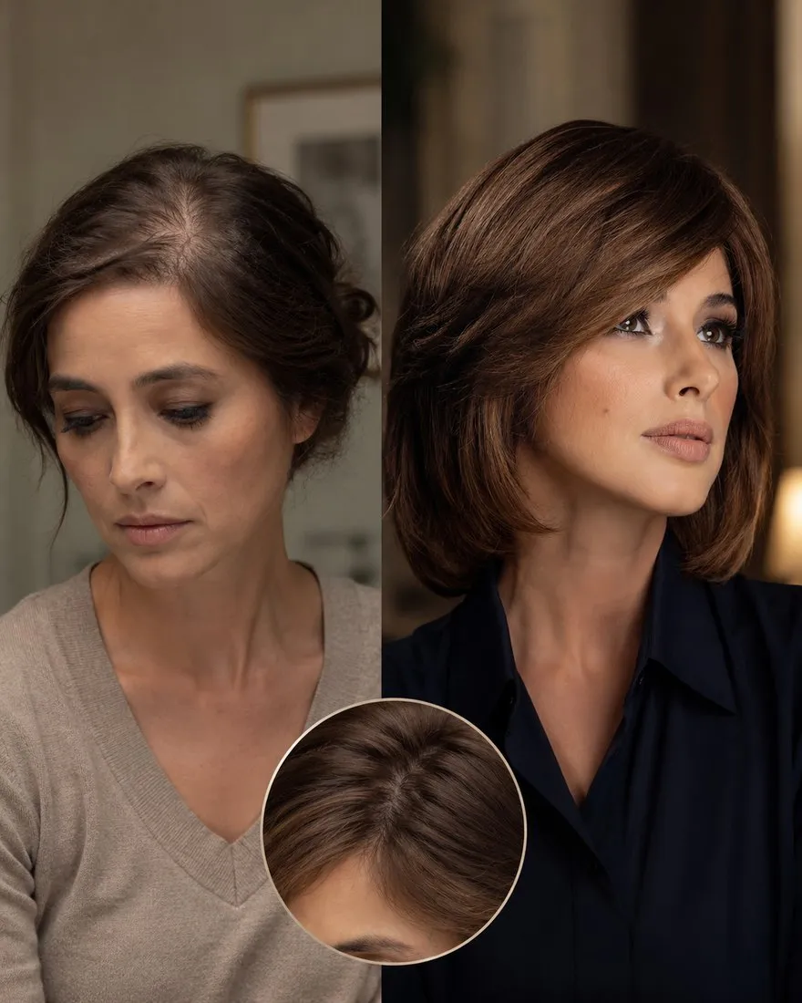 Before and after — chestnut bob topper with a fuller parting
