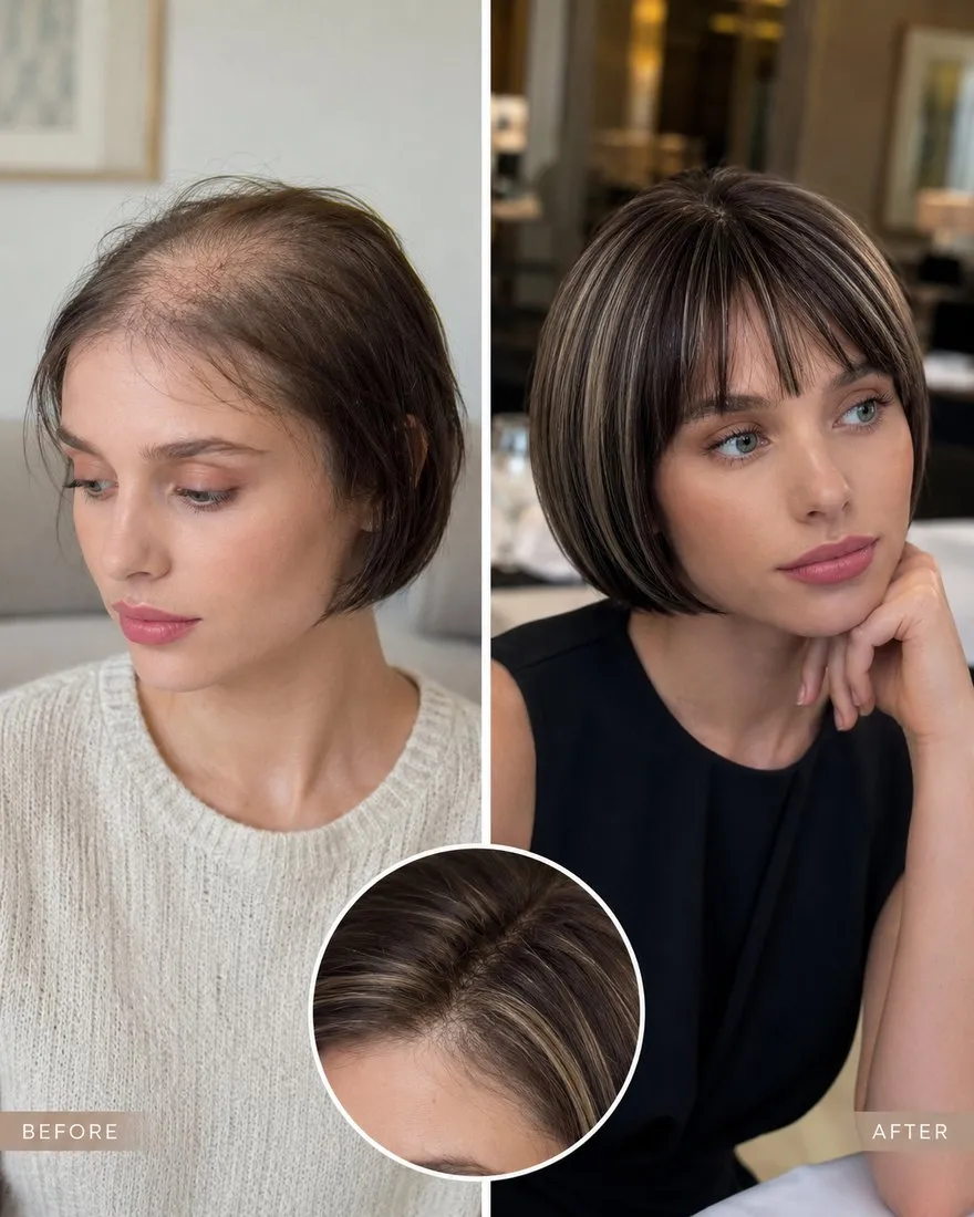 Before and after — soft brown topper, natural crown coverage